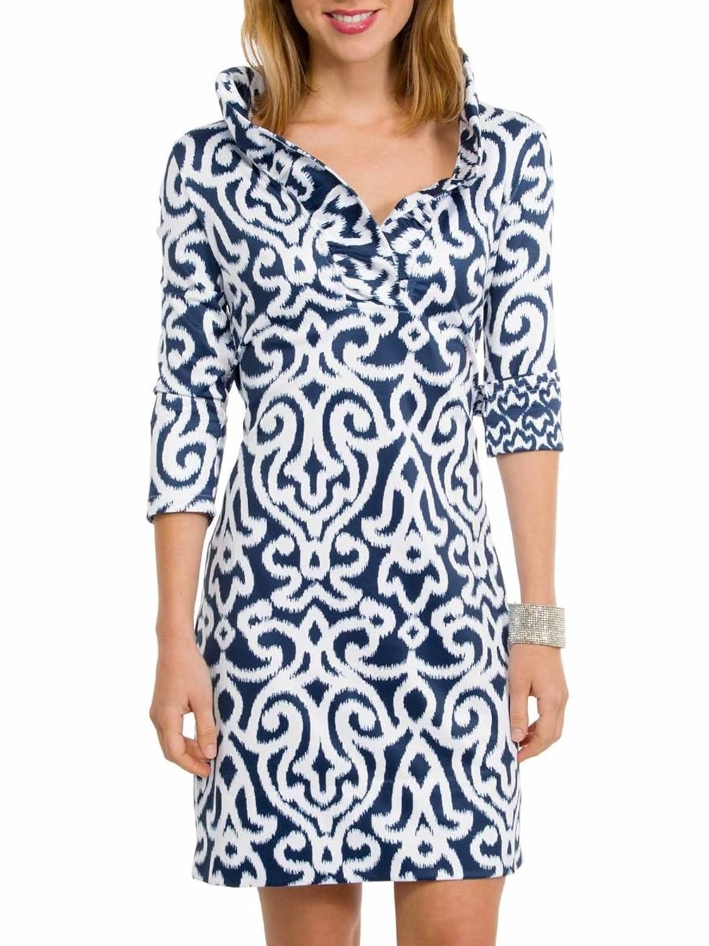 Gretchen Scott Jersey Ruffneck Dress Navy White Geometric Ikat 3/4 Sleeve